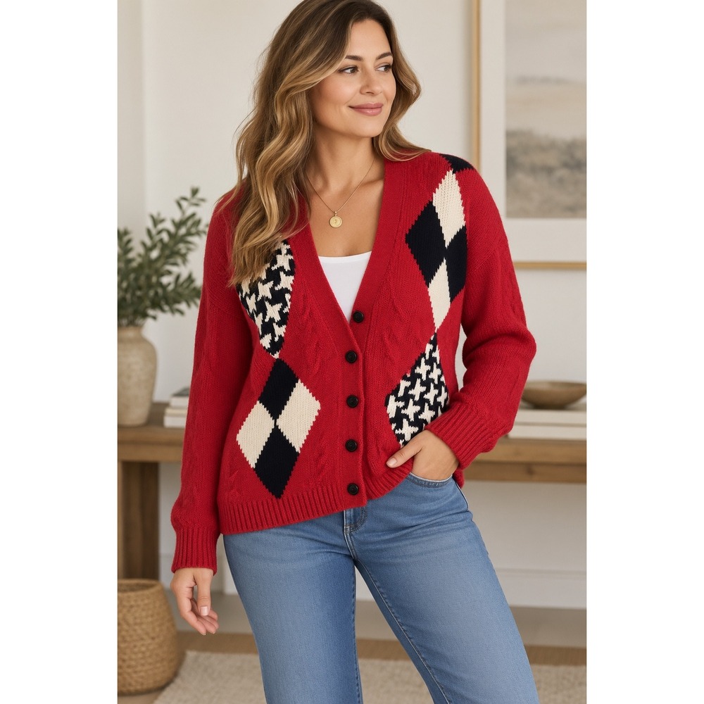 Karen Scott Hand Knits Red Argyle Houndstooth Cardigan Sweater Womens Large L